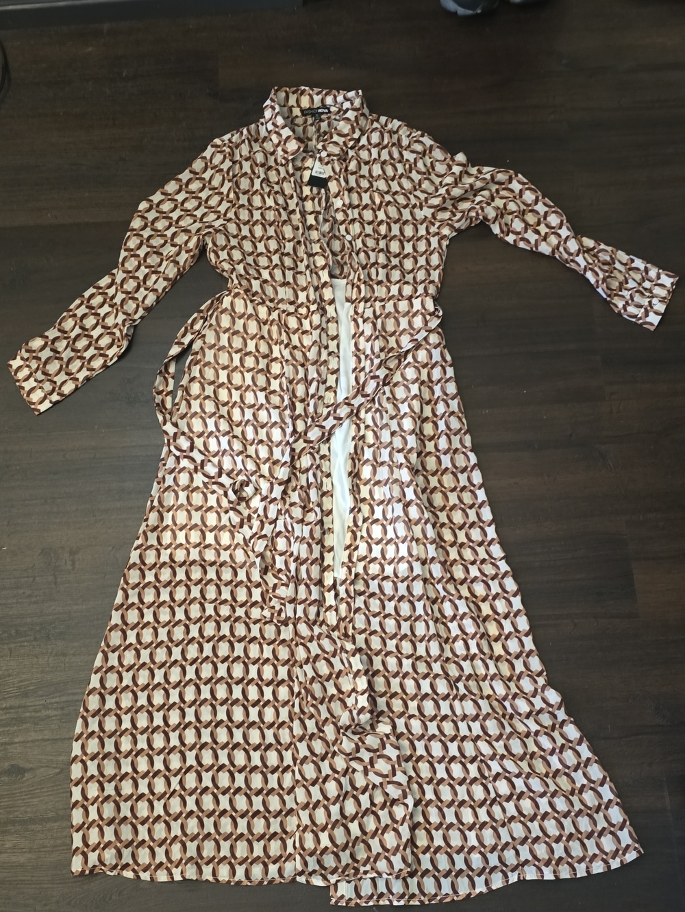 Fashion Nova Brown & Cream Geometric Maxi Shirt Dress